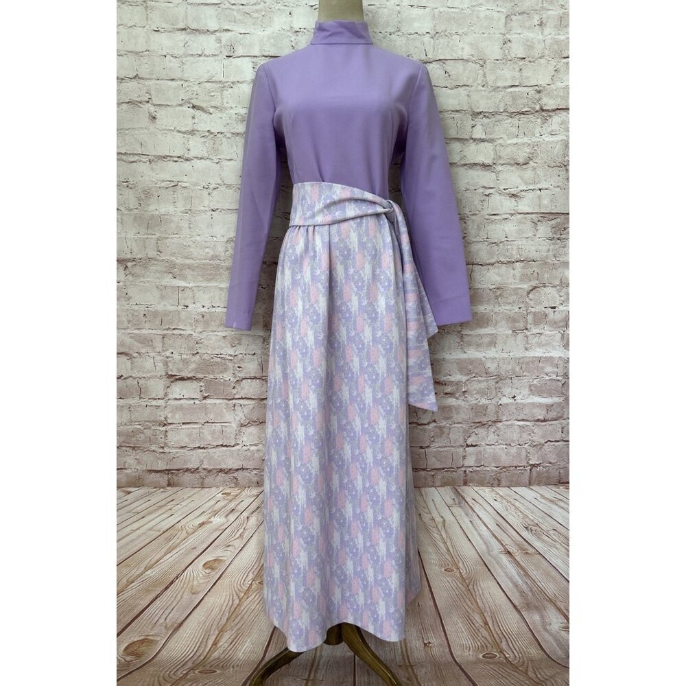 Vtg 60s Womens Purple Long Sleeve Maxi Hostess Dress A Line Polyester Knit Retro